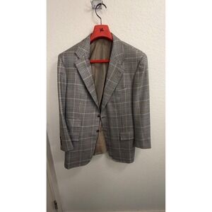 Kiton Napoli 100% Cashmere Sport Coat Blazer Glen Plaid Brown Blue IT 54 US 44 R